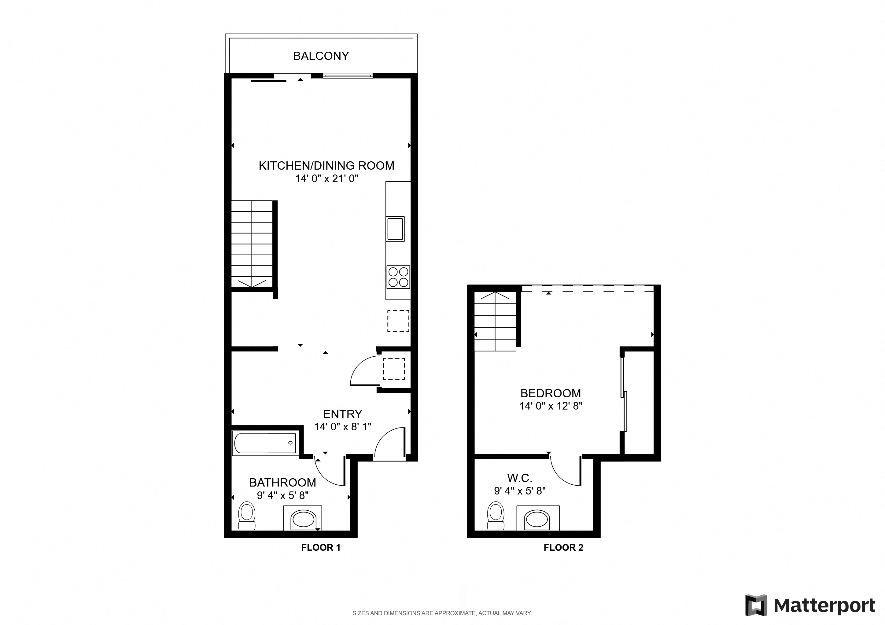 Floor plan for 1 bed, 1 bath, 612 sqft